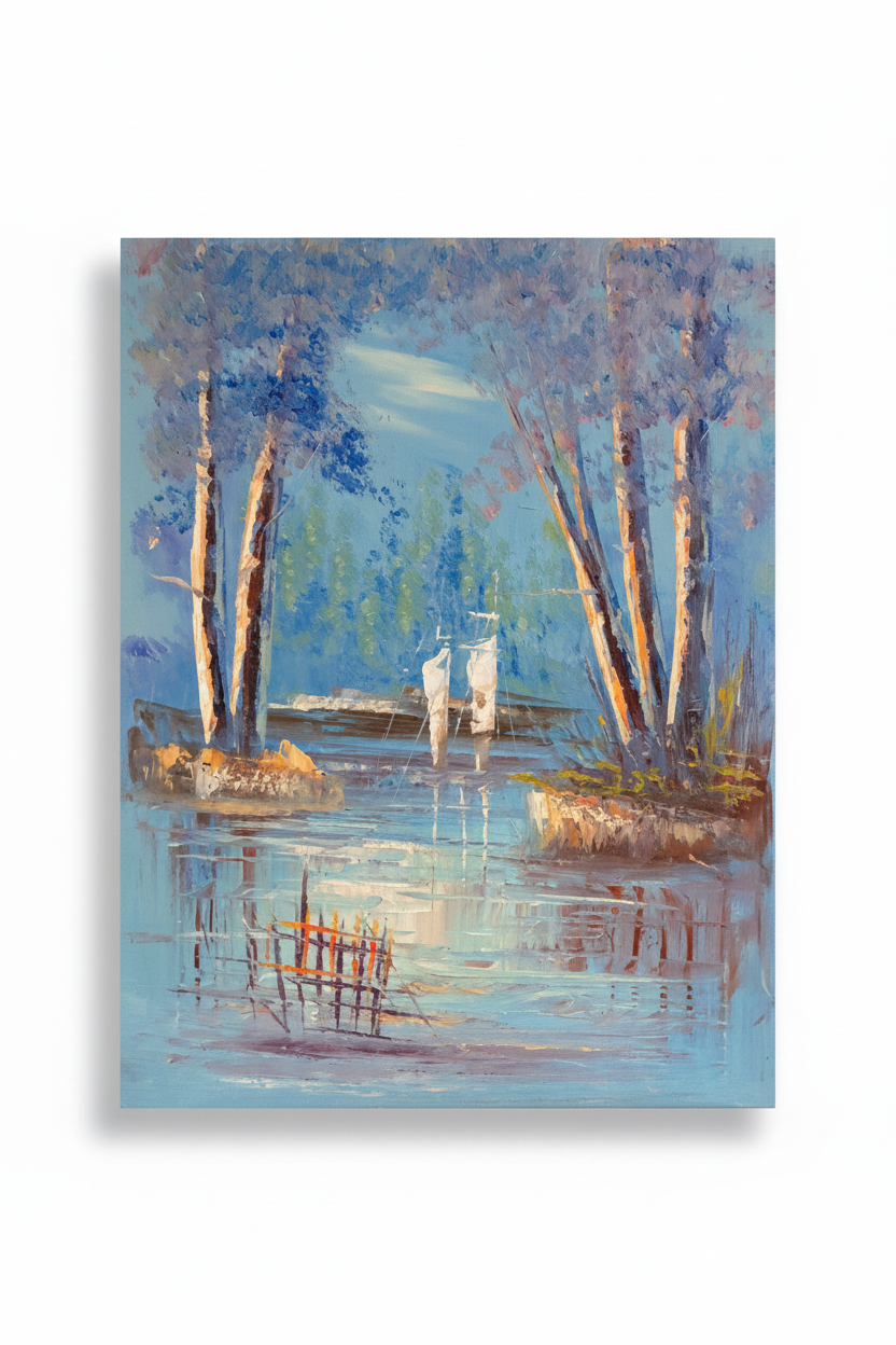 Moonlit riverside oil painting isolated with shadow, no background
