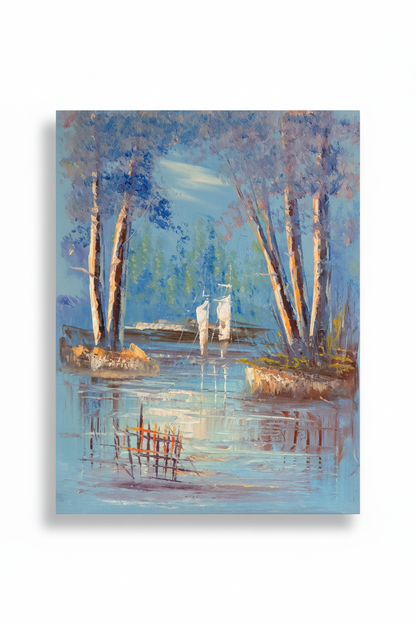 Moonlit riverside oil painting isolated with shadow, no background