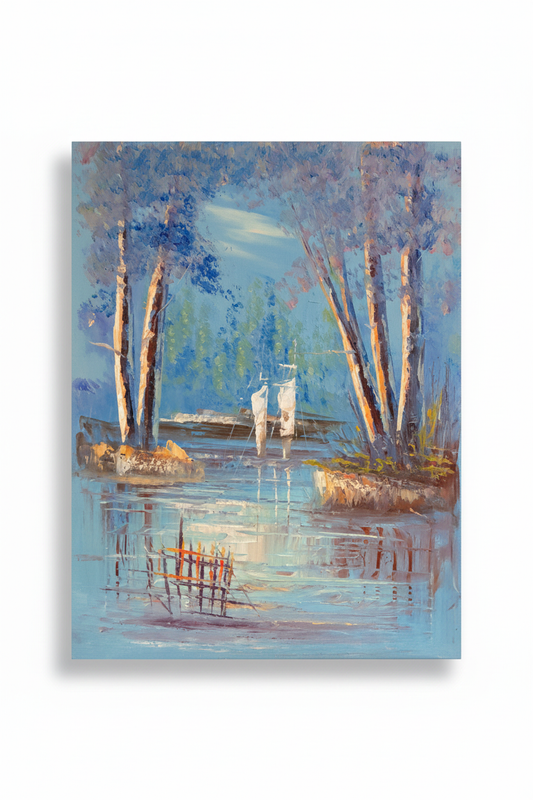 Moonlit riverside oil painting isolated with shadow, no background