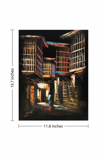 Heritage Alleyway at Night oil painting flat lay with dimensions — 11.8 inches wide by 15.7 inches tall, 30x40cm portrait canvas