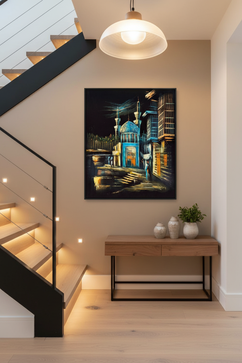 Islamic mosque night scene canvas art staged on a modern home stairway wall