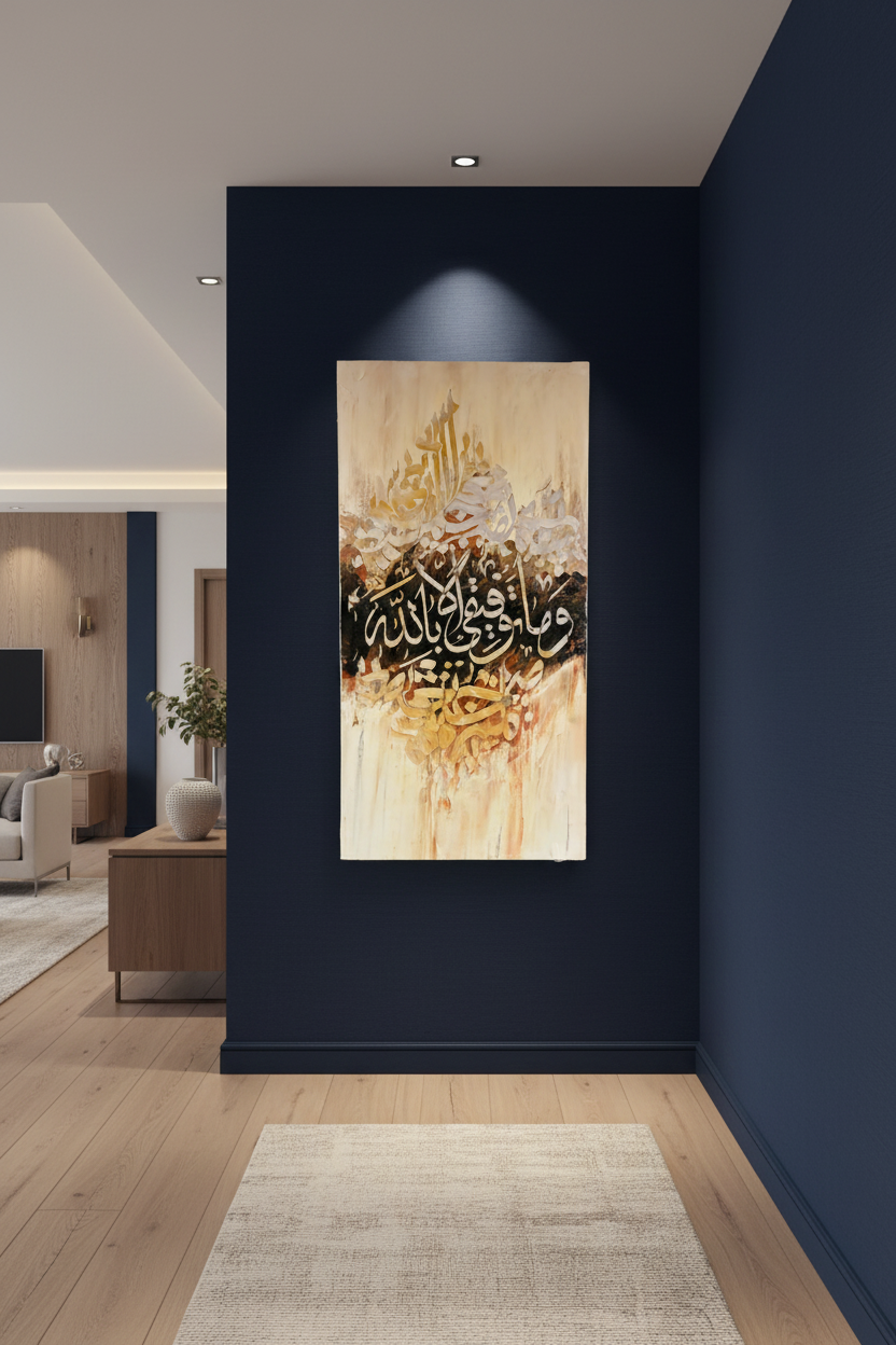 Wa Maa Tawfeeqi Illa Billah Islamic calligraphy canvas art hung in a modern hallway – lifestyle mockup, no frame