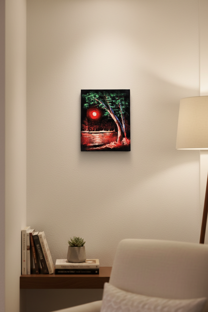 Crimson moon lakeside night canvas art displayed in small cozy room lifestyle photo