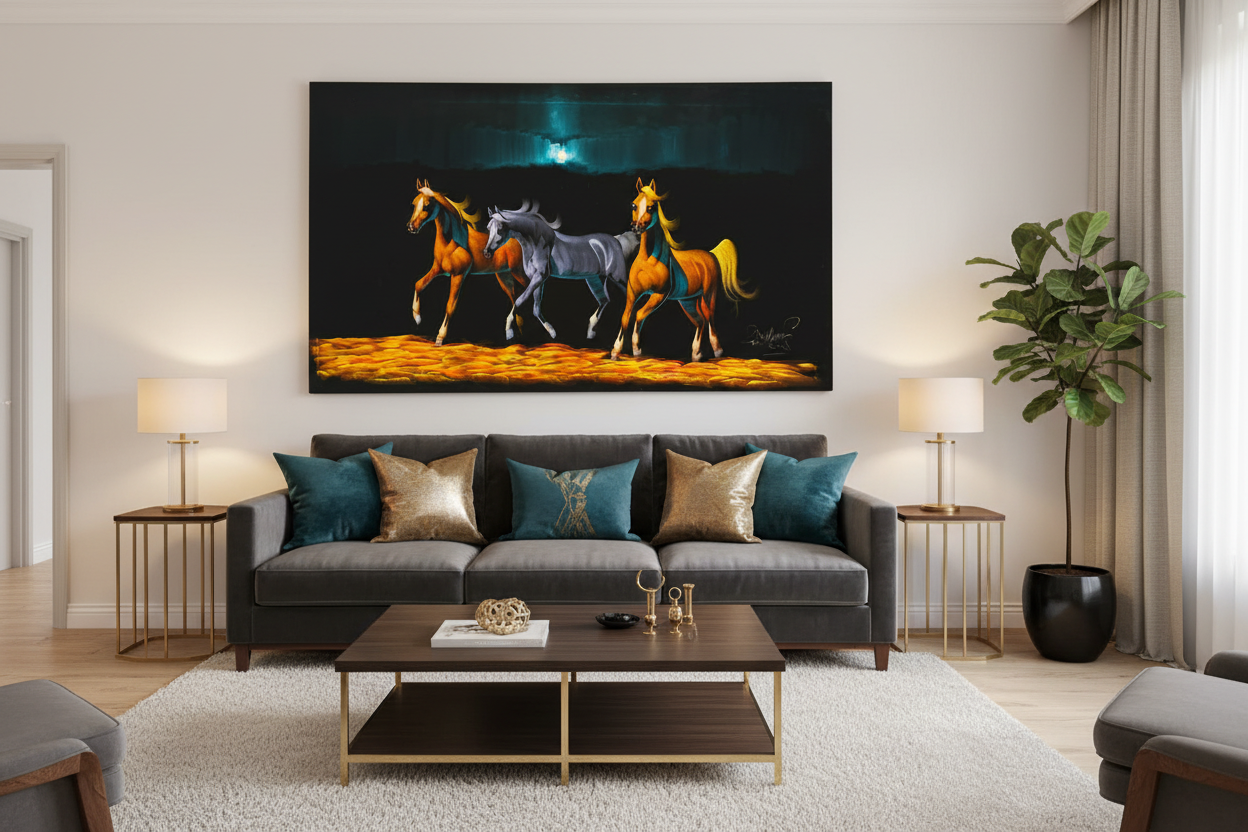Three Arabian horses galloping at night canvas wall art displayed in modern living room above sofa
