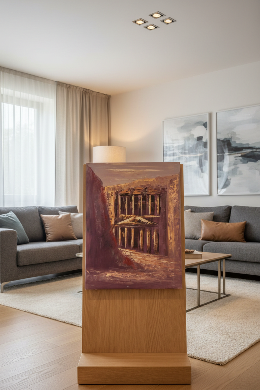 Petra Treasury oil painting on wooden art stand in modern living room – no frame