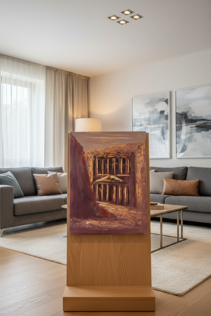 Petra Treasury oil painting on wooden art stand in modern living room – no frame