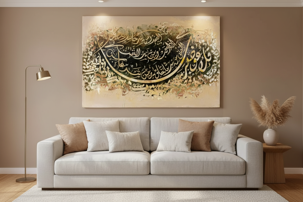 Surah Al-Falaq gold ivory calligraphy canvas displayed in a modern living room above a sofa, no frame