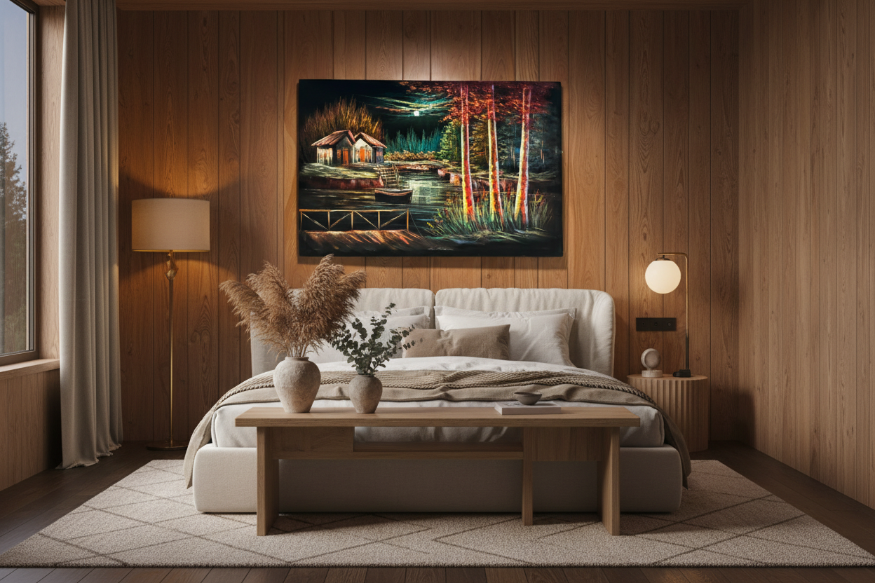 Moonlit lakeside cabin canvas art in cozy bedroom or sitting area — lifestyle interior mockup