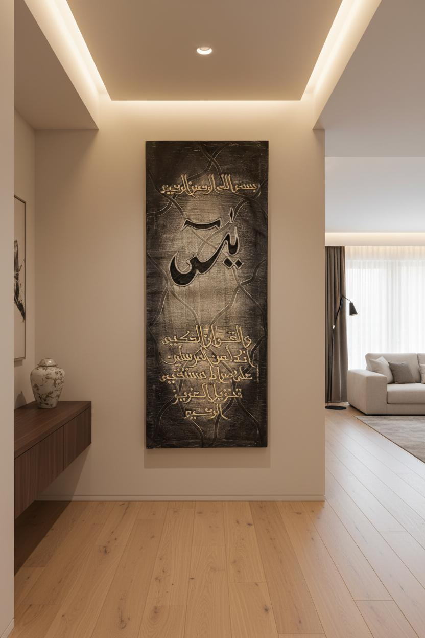 Surah Yaseen Quran calligraphy canvas wall art hung in a modern hallway, no frame, vertical format