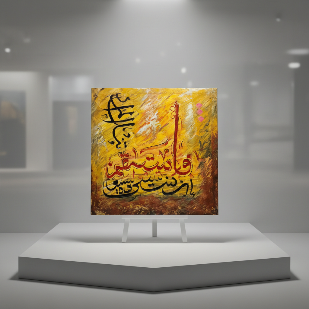 Islamic calligraphy golden yellow amber square canvas art 15.75x15.75 inches (40x40cm) on a minimalist stage area shelf, no frame