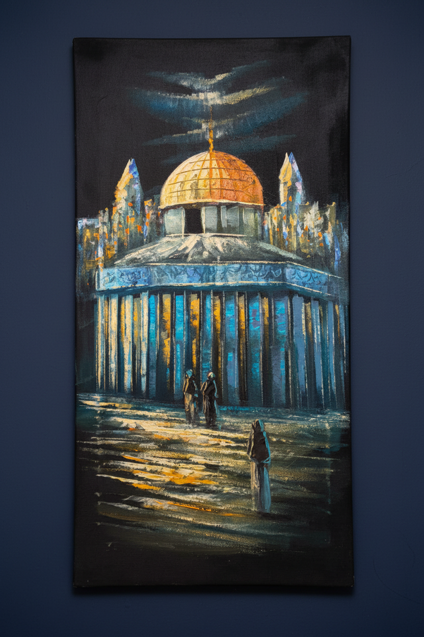 Dome of the Rock painting displayed on midnight navy blue wall