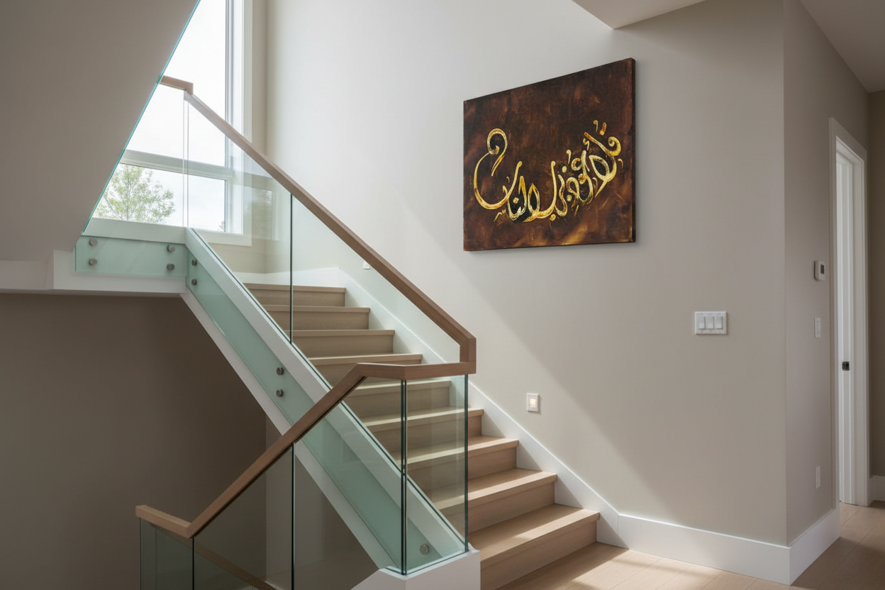 Allahu Akbar Islamic calligraphy golden canvas art hung on staircase wall in modern home