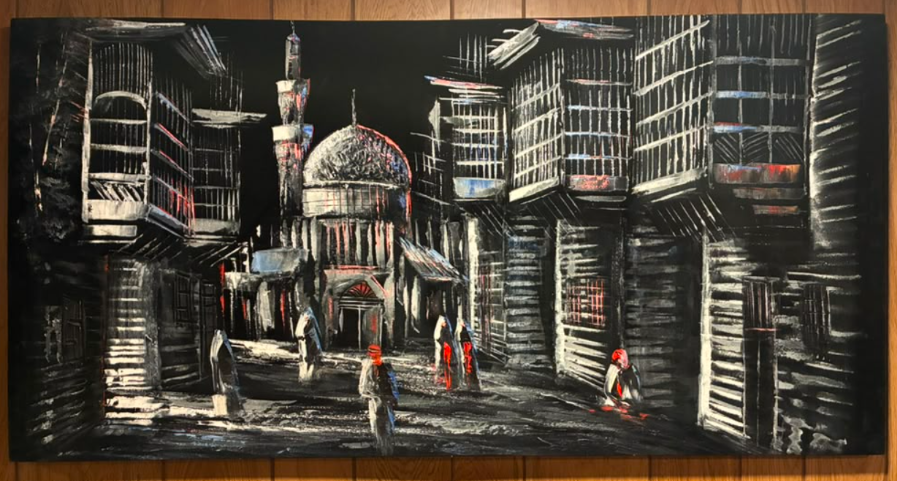 Black and white Middle Eastern bazaar night scene canvas wall art – original painting with mosque dome, minaret, latticed buildings, and robed figures with red accents