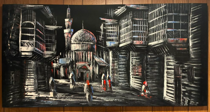Black and white Middle Eastern bazaar night scene canvas wall art – original painting with mosque dome, minaret, latticed buildings, and robed figures with red accents