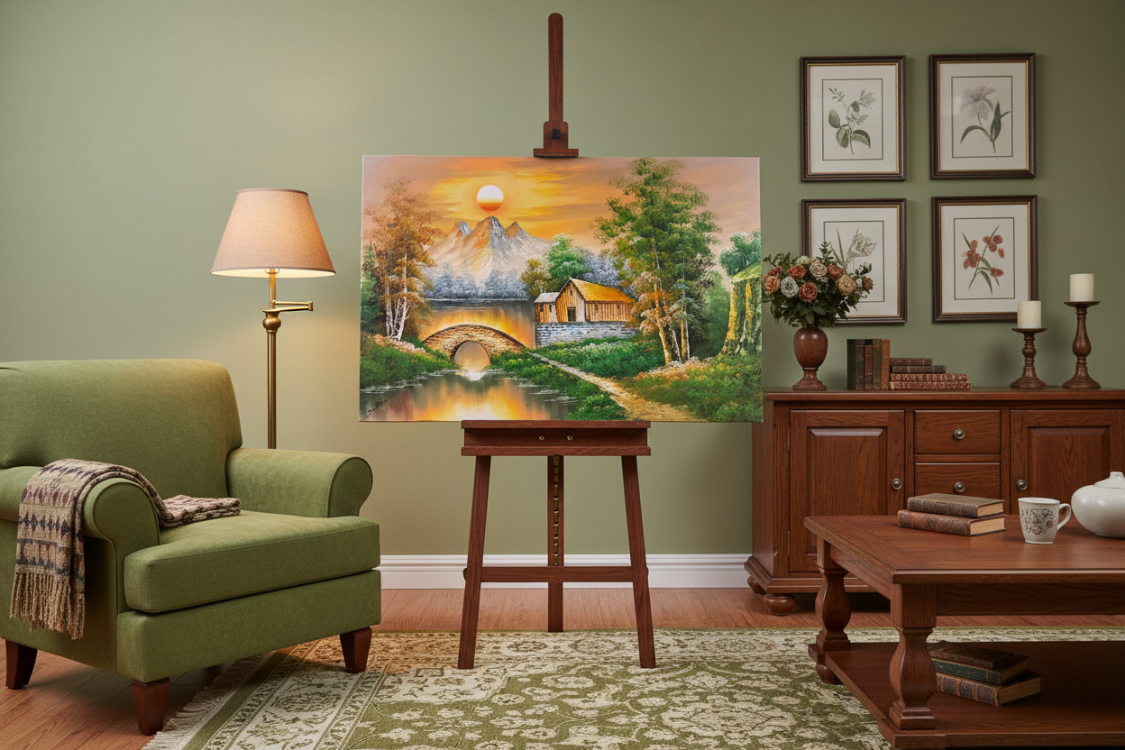 Original countryside sunset oil painting on wooden easel stand in a warm traditional living room, unframed canvas at correct scale