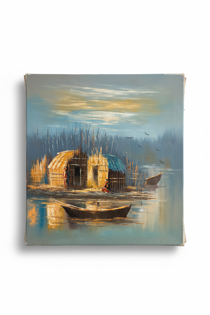 Marshland reed huts dusk oil painting isolated on white background with drop shadow, no frame, raw portrait canvas edges