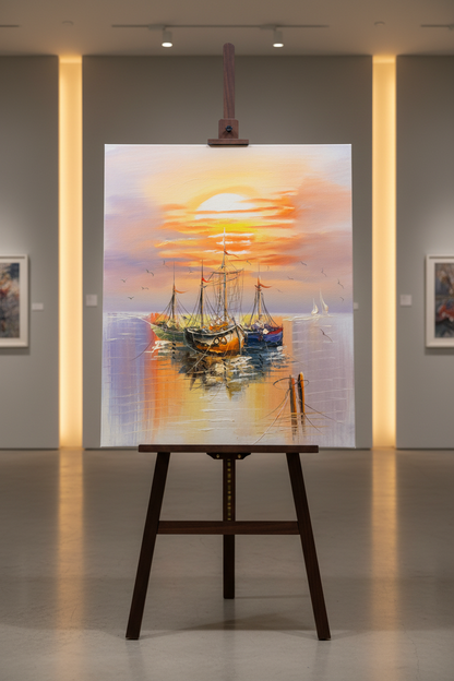 Sailing boats sunset oil painting displayed on wooden art easel stand, gallery setting, no frame, correct portrait proportions