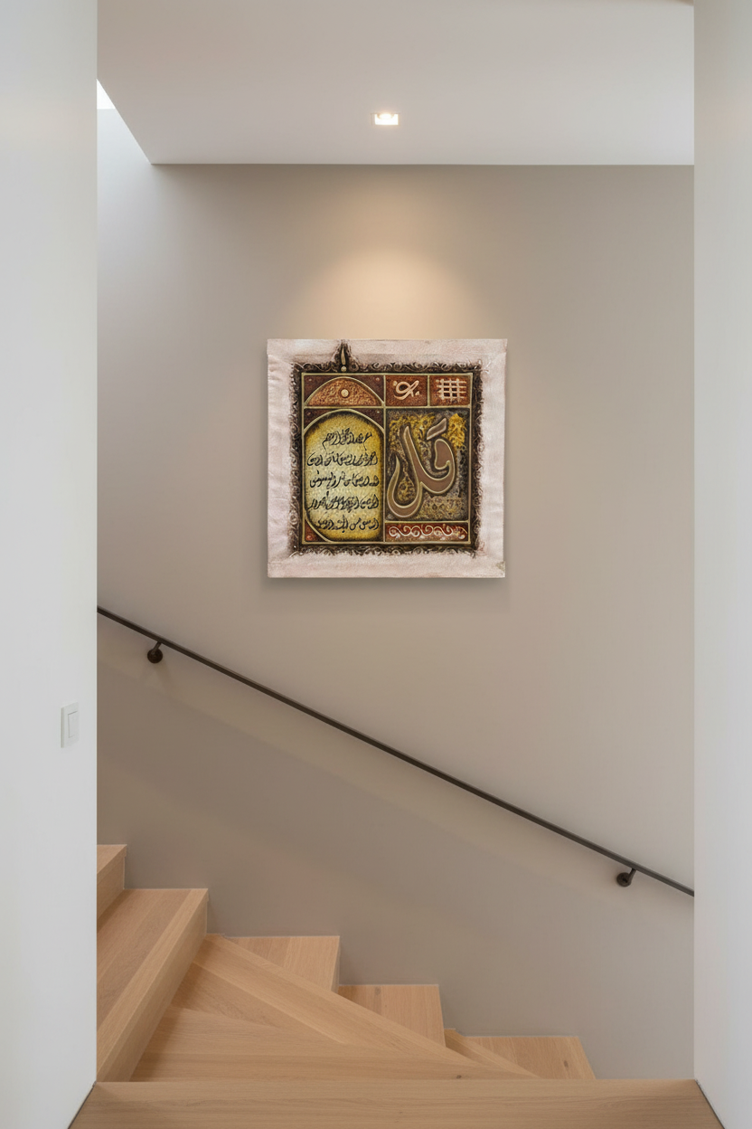 Surah Al-Nas Qaf multi-panel canvas on staircase wall – 35cm x 35cm square