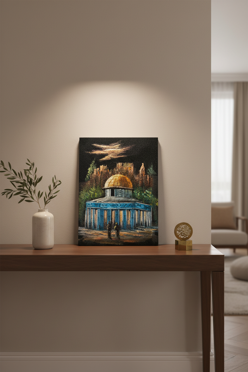 Dome of the Rock night II canvas art propped on modern shelf in sophisticated minimalist home lifestyle photo