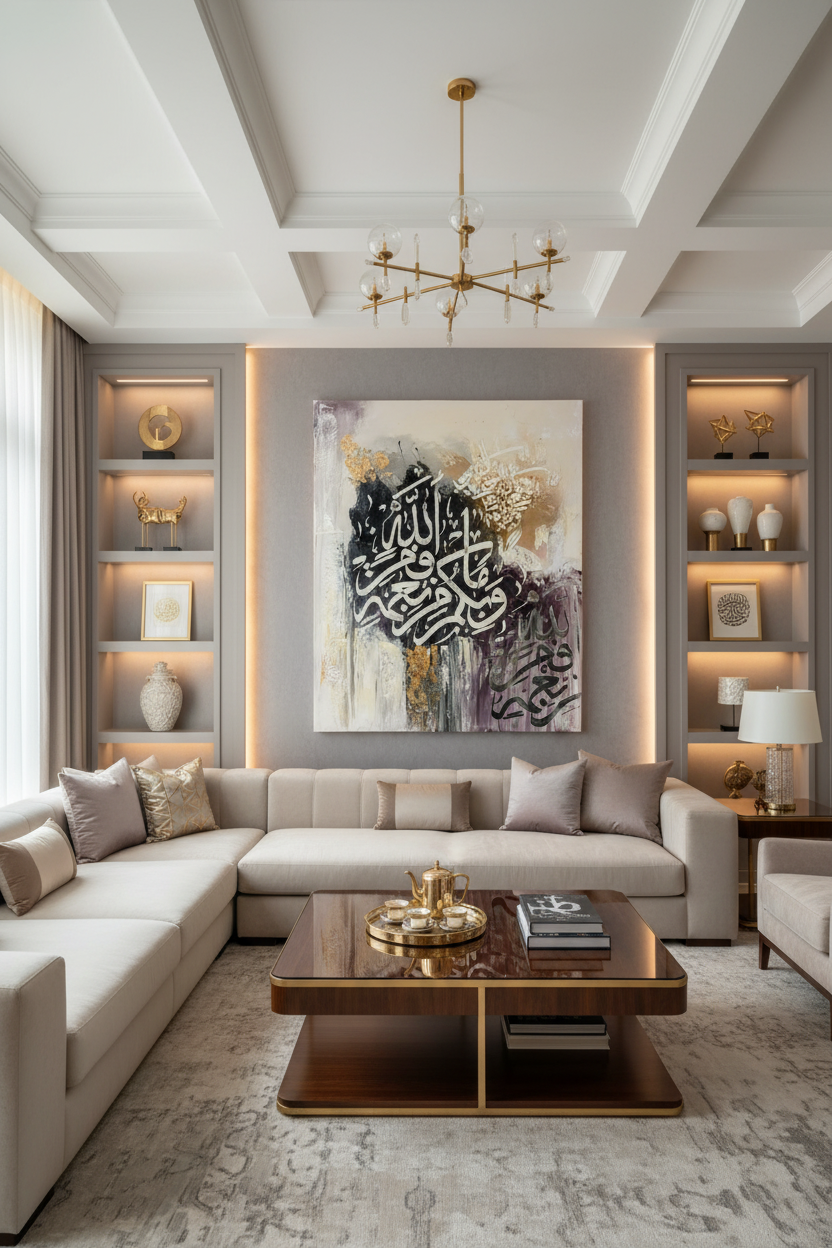 Arabic calligraphy canvas art displayed in luxury living room interior