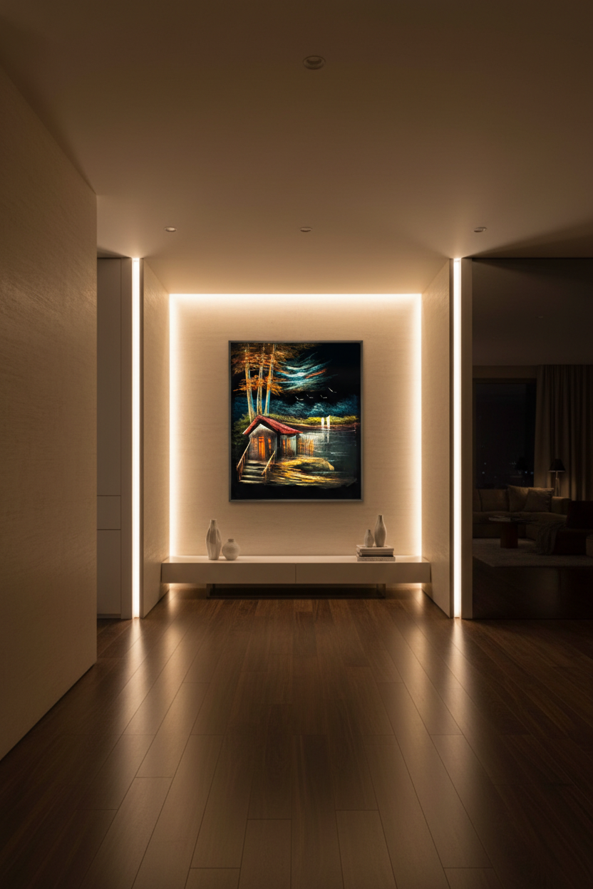 Lakeside cabin night scene canvas art staged in a stylish home hallway