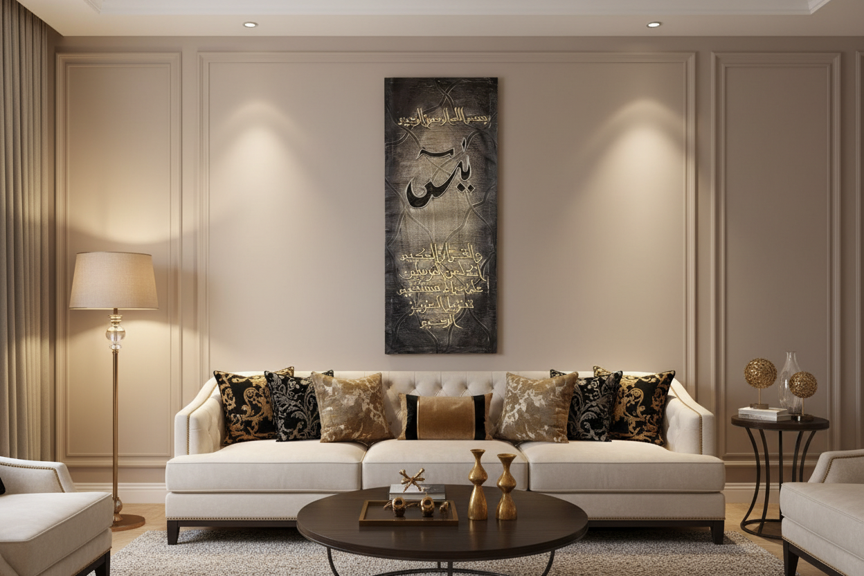Surah Yaseen Quran calligraphy canvas wall art displayed in a modern living room, no frame