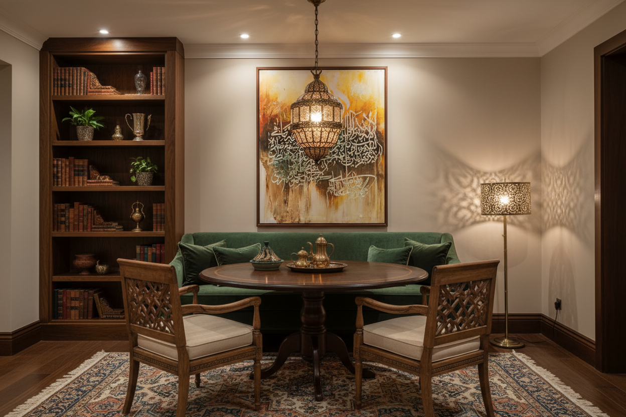 Arabic calligraphy canvas art displayed in sophisticated dining area