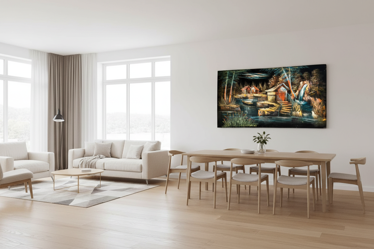 Forest waterfall cabin night scene canvas wall art displayed in open dining and sitting area