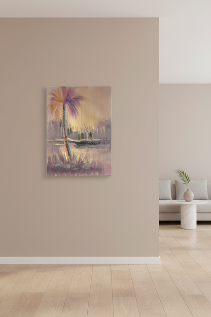 Purple palm tree and fisherman oil painting hung on empty wall – frameless display