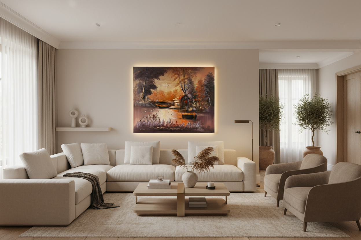 Original twilight boatyard oil painting hanging in a luxury family room — frameless wall art, 39.37 x 31.50 inches