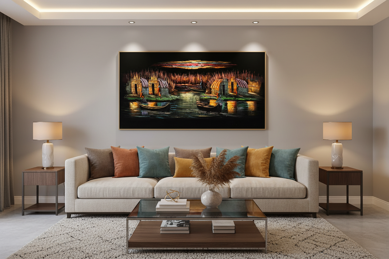 Iraqi marshland fishing village scene canvas wall art displayed in modern living room above sofa