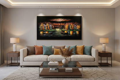 Iraqi marshland fishing village scene canvas wall art displayed in modern living room above sofa