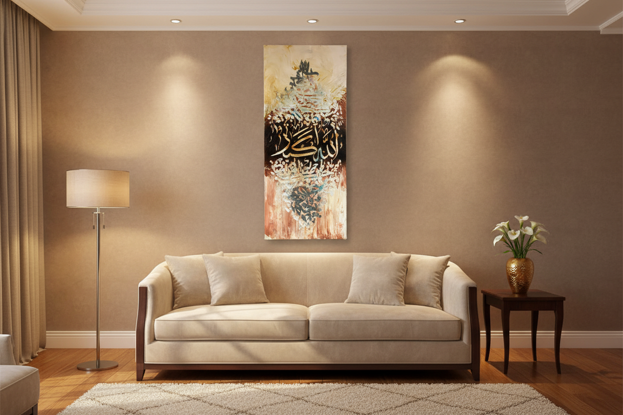 Allahu Akbar gold calligraphy canvas wall art displayed in a modern living room, no frame