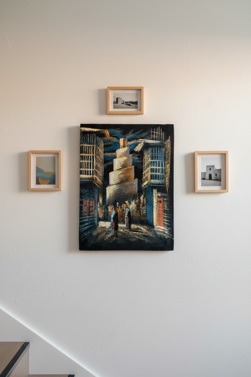 Arabian minaret alley night canvas art displayed on staircase gallery wall in modern home lifestyle photo