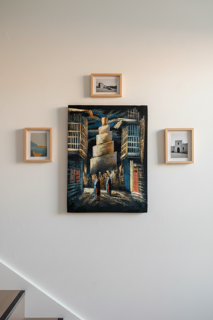 Arabian minaret alley night canvas art displayed on staircase gallery wall in modern home lifestyle photo