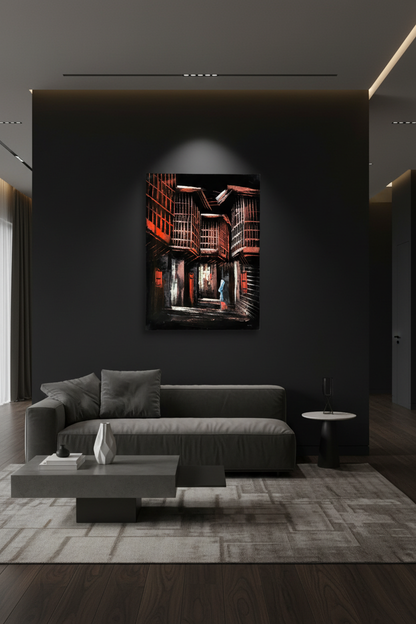 Red Alleyway at Night oil painting on deep matte black wall in contemporary gallery-style living room — no frame, dramatic spot lighting