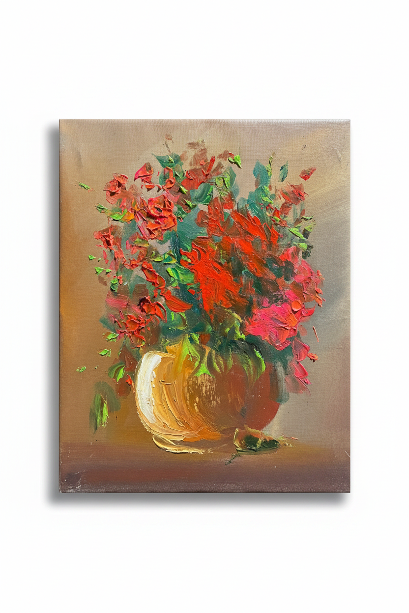 Red floral impasto oil painting on white background with soft shadow — no frame