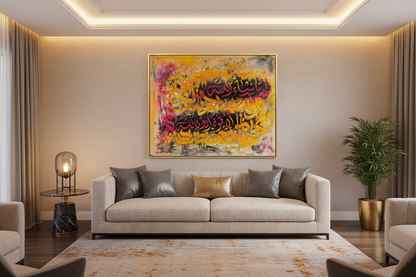 Vibrant Arabic calligraphy canvas art displayed in luxury living room interior