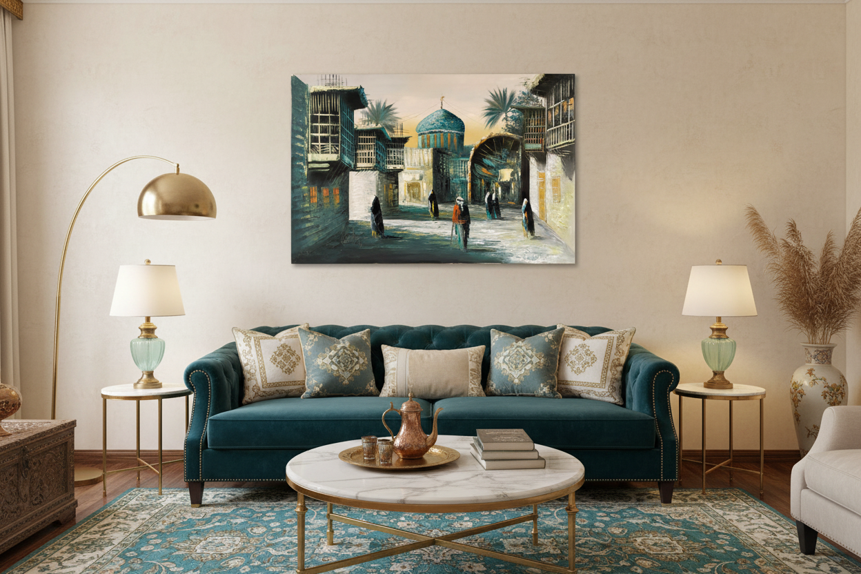 Original Middle East old city street oil painting hung unframed on wall in an elegant teal and gold family room at true scale 35.43 by 23.62 inches