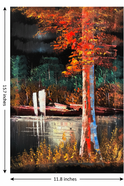 Autumn Forest by the River oil painting flat lay with dimensions — 11.8 inches wide by 15.7 inches tall, 30x40cm portrait canvas