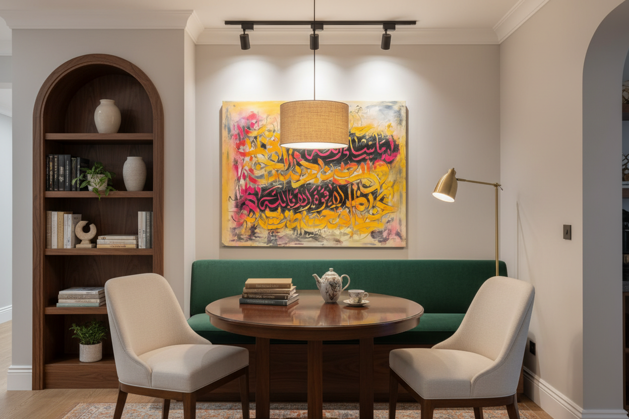 Vibrant Arabic calligraphy canvas art displayed in sophisticated dining area