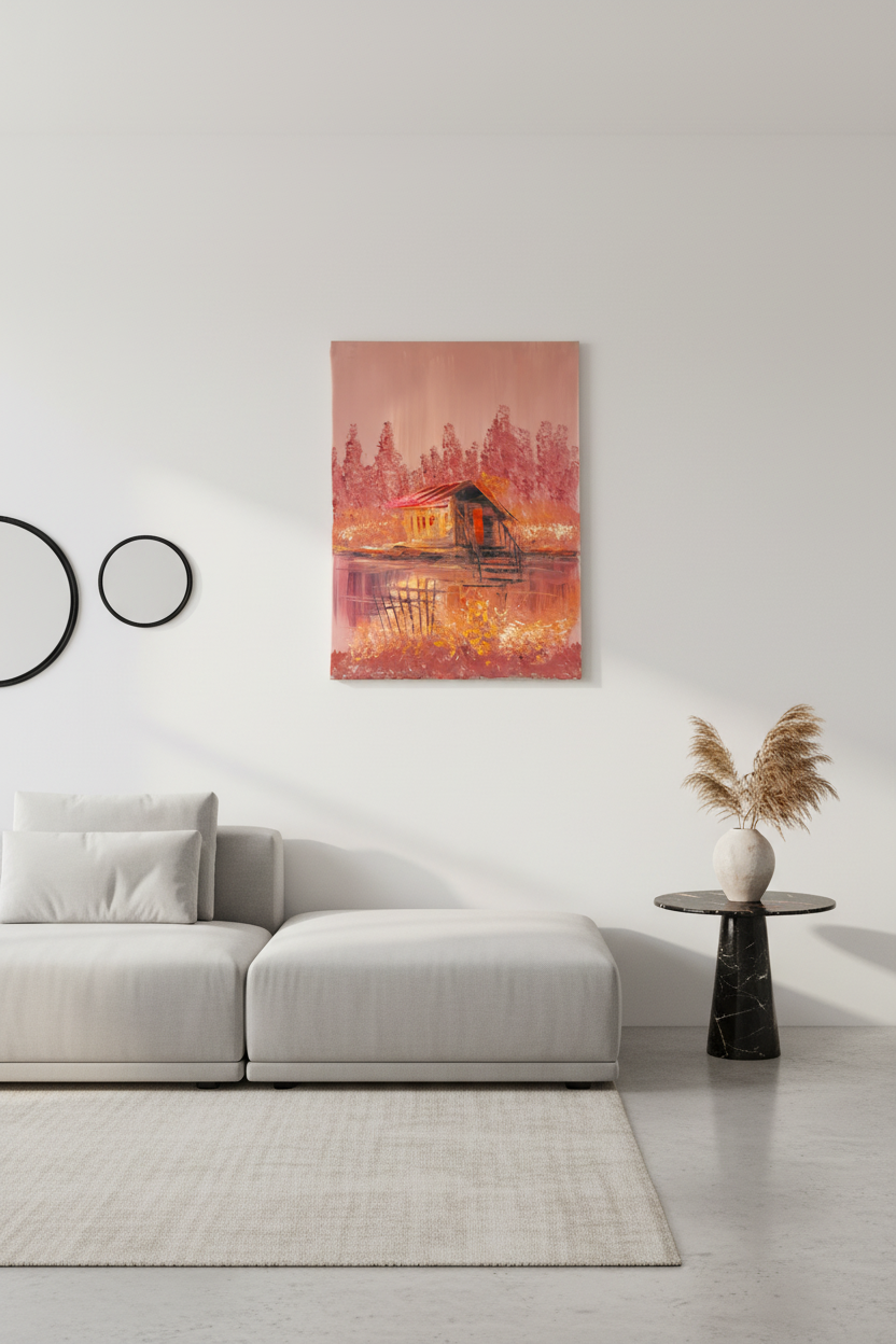 Rustic cabin painting hung on empty white wall in minimalist living room