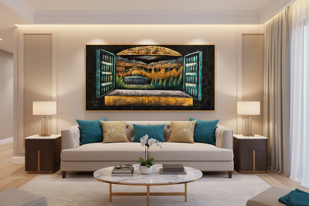 Window view of the Dome of the Rock Jerusalem canvas wall art displayed in modern living room above sofa