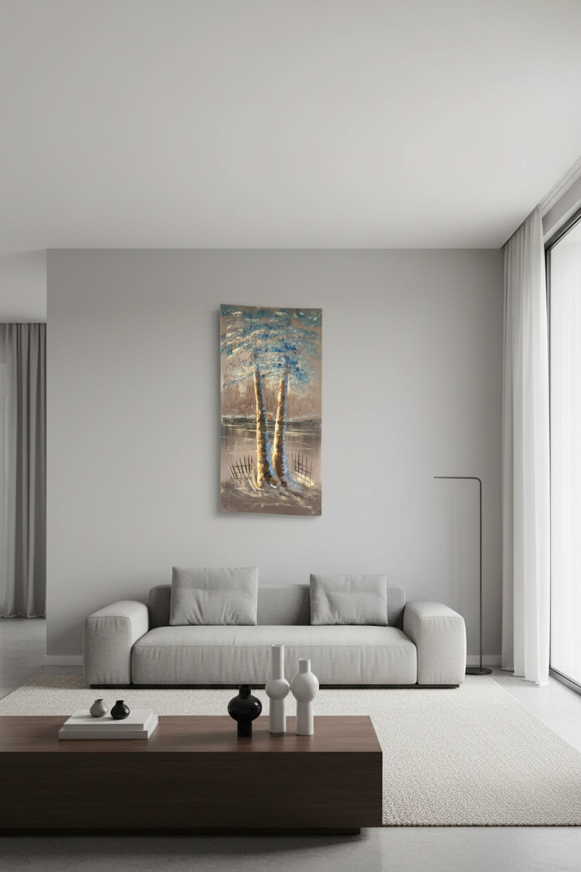 Three Trees in Winter Mist oil painting on empty living room wall, no frame