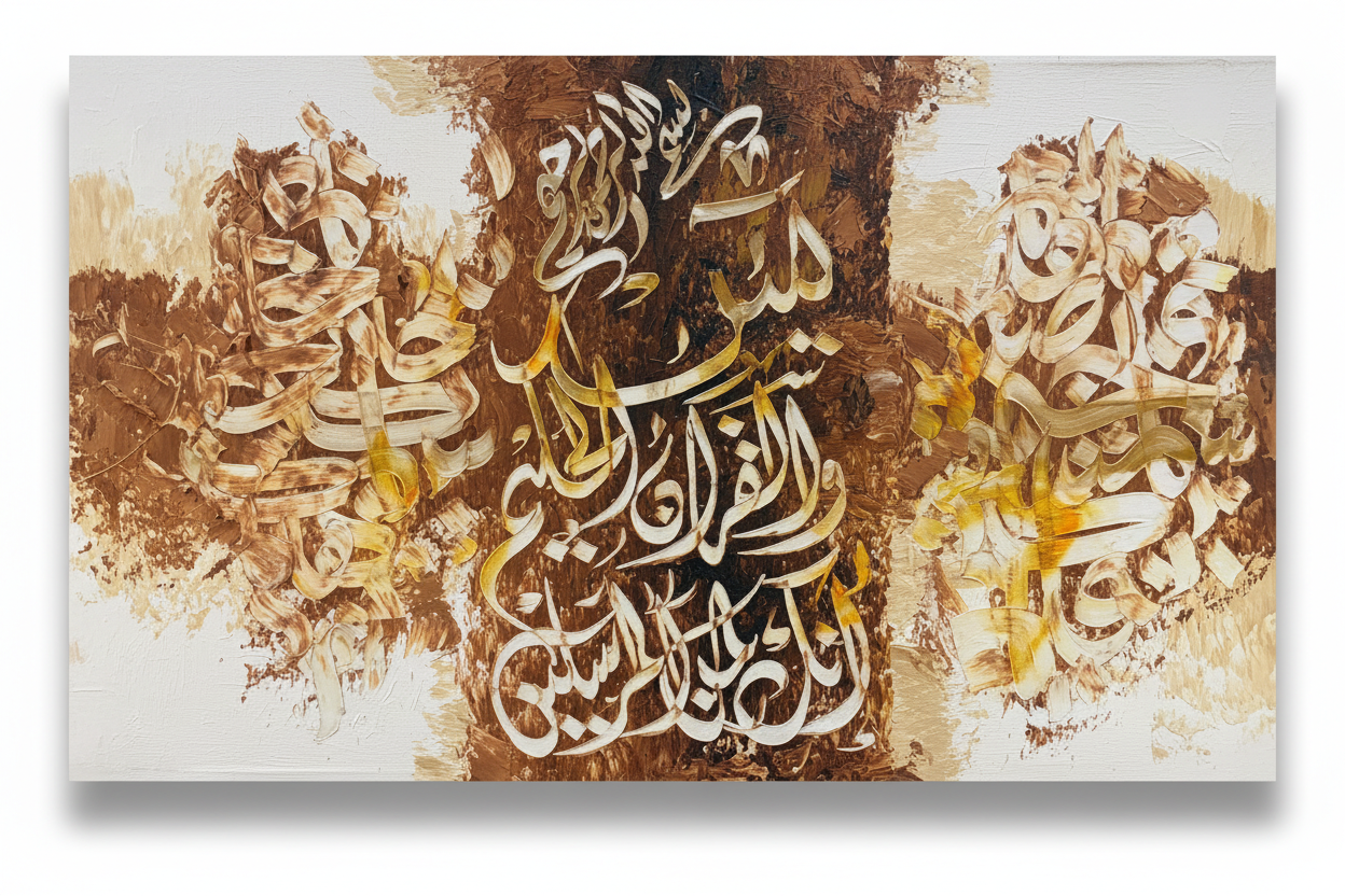 Quranic calligraphy white gold burnt sienna canvas art on white background with shadow, no frame, product shot
