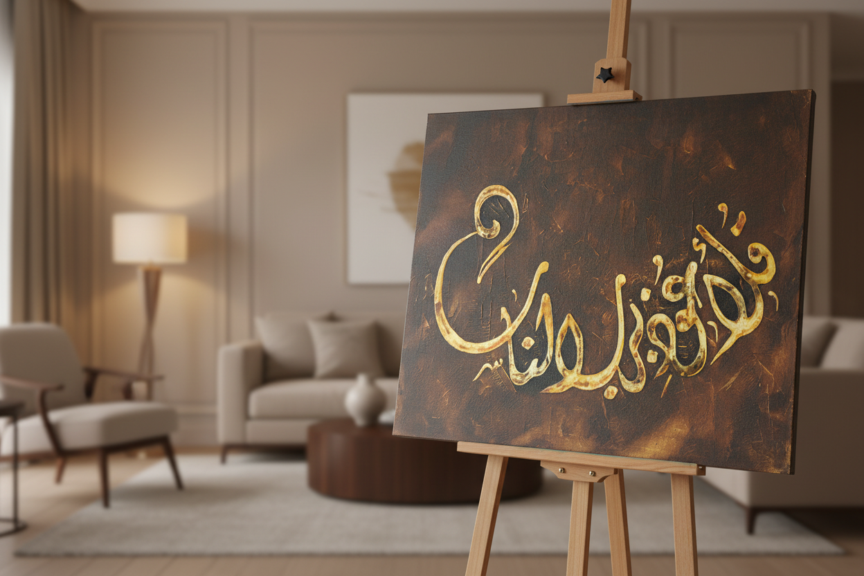 Allahu Akbar Islamic calligraphy golden canvas art displayed on wooden easel stand in modern living room