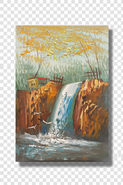 Autumn waterfall landscape oil painting with transparent background and soft drop shadow – no frame