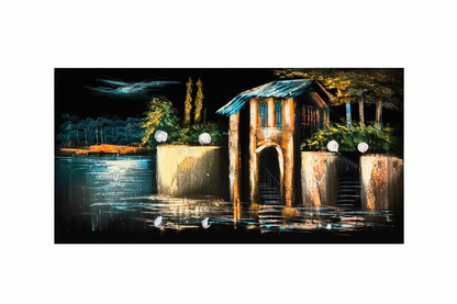 Waterfront at Midnight original acrylic painting on white background — no frame, 23.62 x 11.81 inches