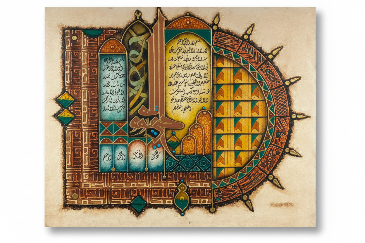 Islamic illuminated manuscript art on white background with shadow, no frame – product shot