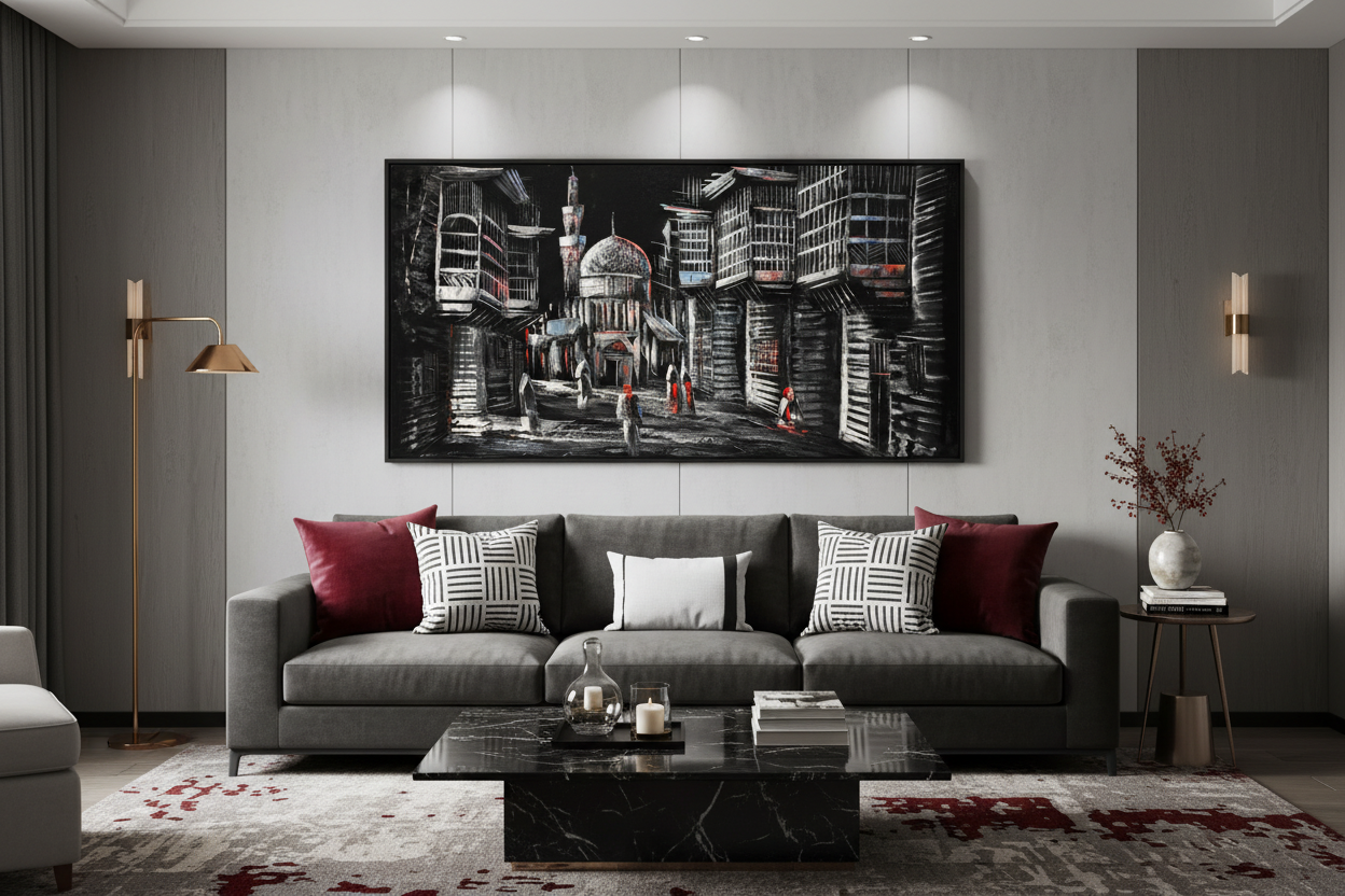 Black and white Middle Eastern bazaar night scene canvas wall art displayed in modern living room above sofa